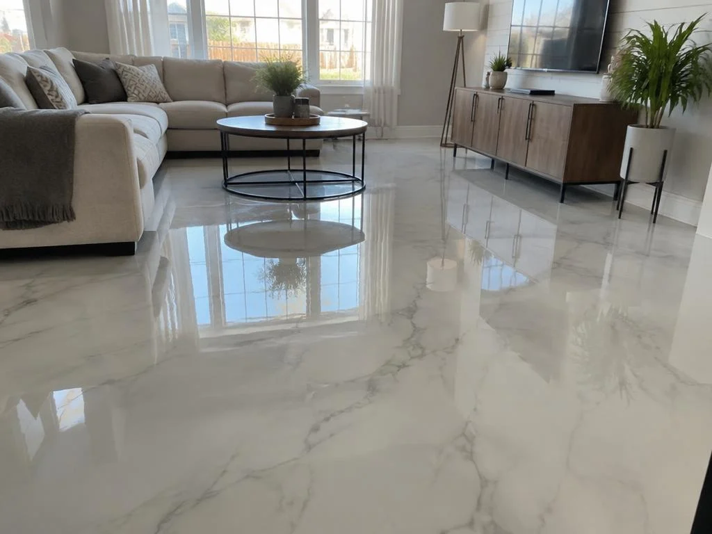 Sala de estar com piso epóxi efeito mármore branco e alto brilho