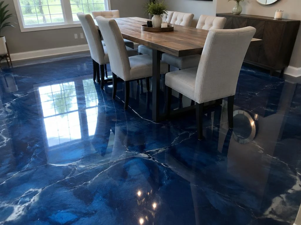 Sala de jantar com piso epóxi azul escuro efeito mármore