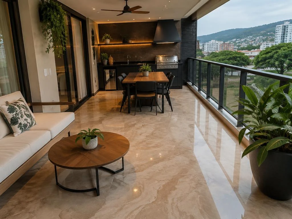Varanda gourmet com piso epóxi travertino bege